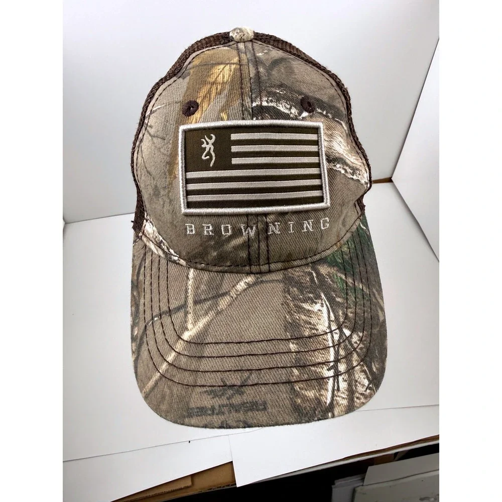 Browning Camo Trucker Hat Mens Realtree Edge American Flag Patch Snapback Cap - Picture 2 of 12
